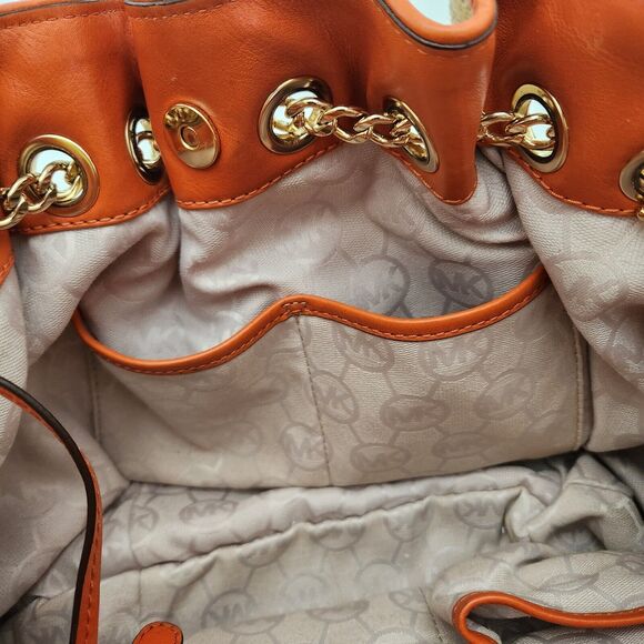 MICHAEL KORS Handbag Women Natural Burlap Canvas & Leather Strap Gold Chain Link - Picture 11 of 15